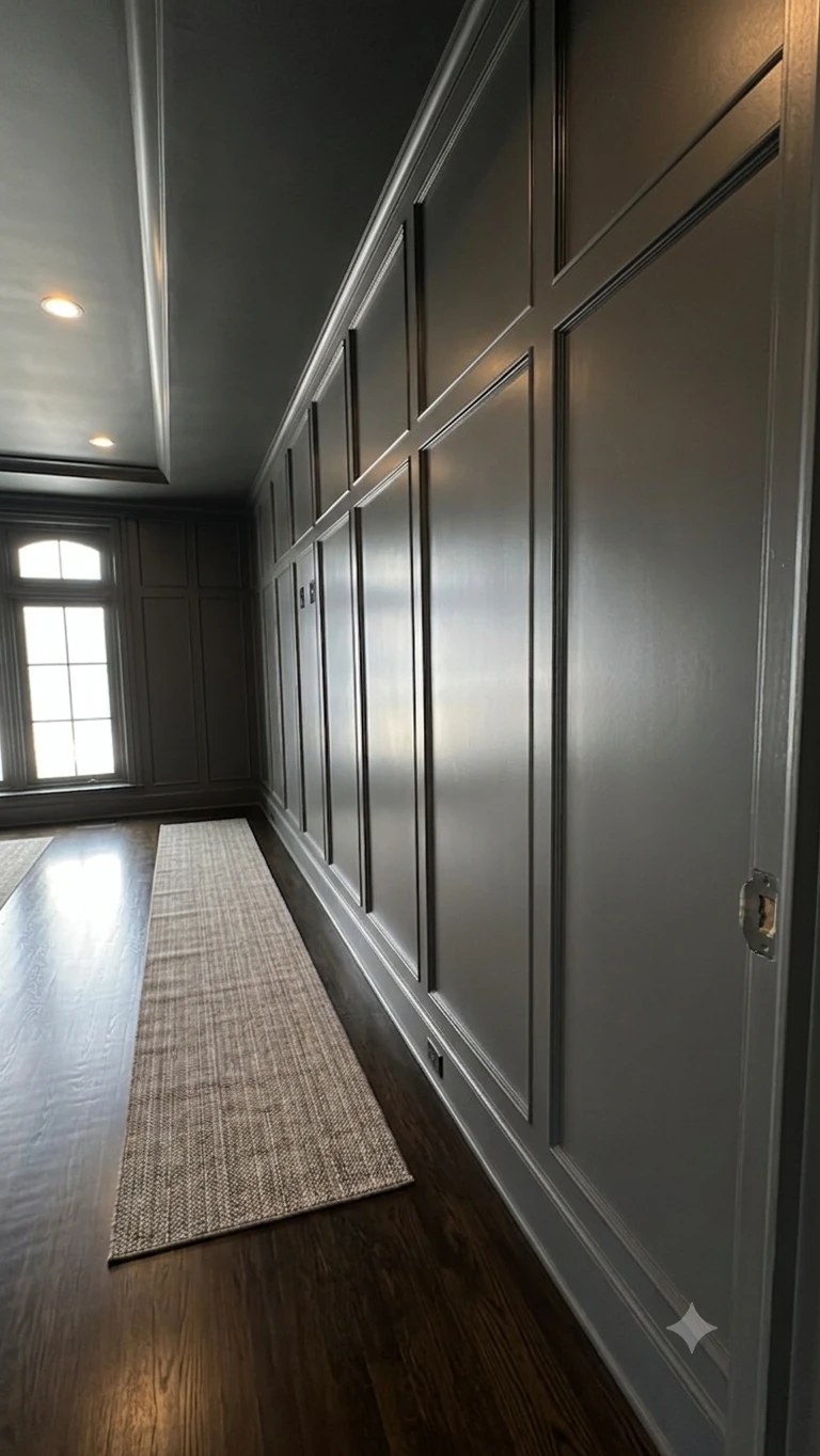 Hallway with painted gray wall paneling