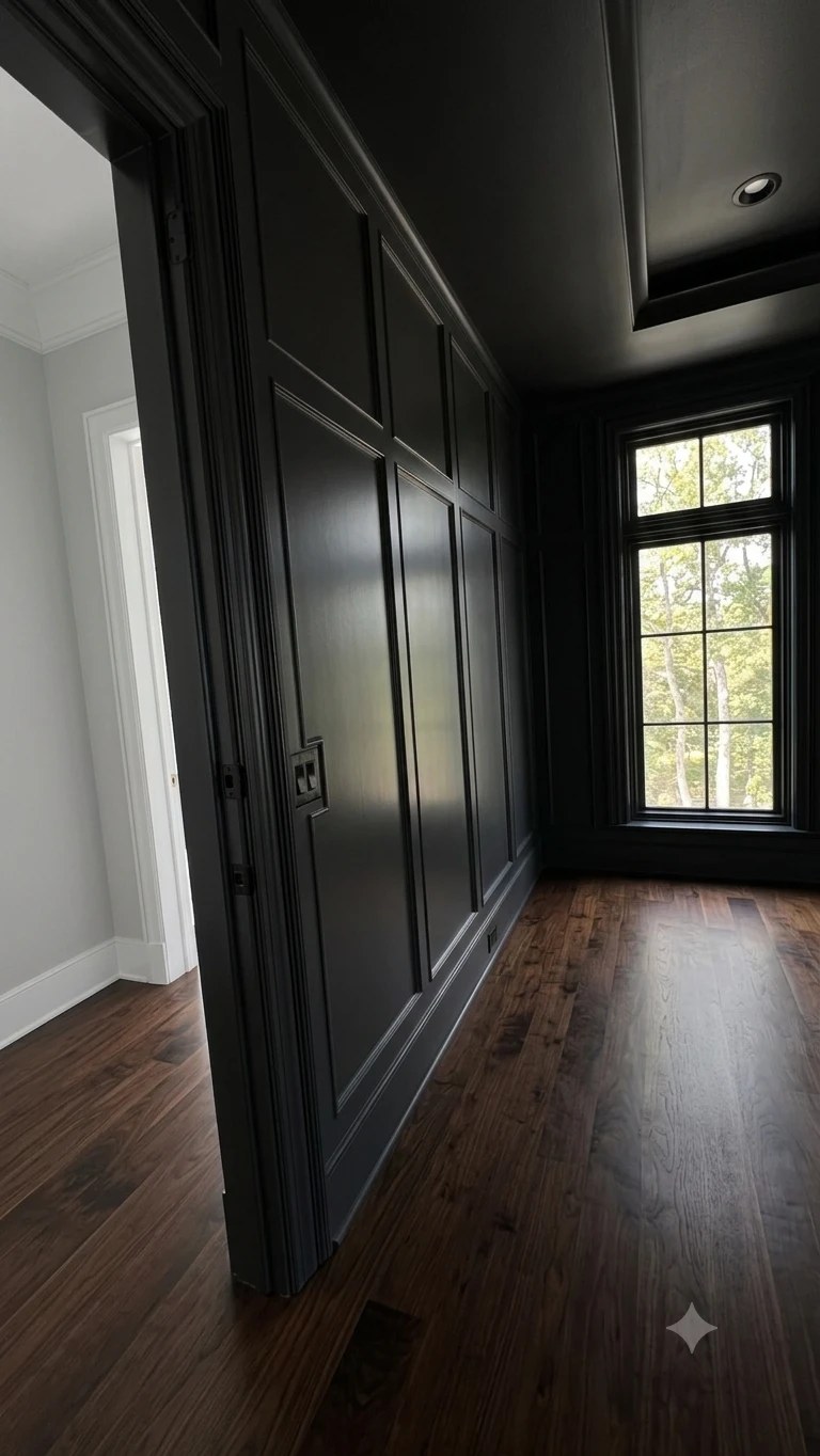 Hallway with painted black wall paneling